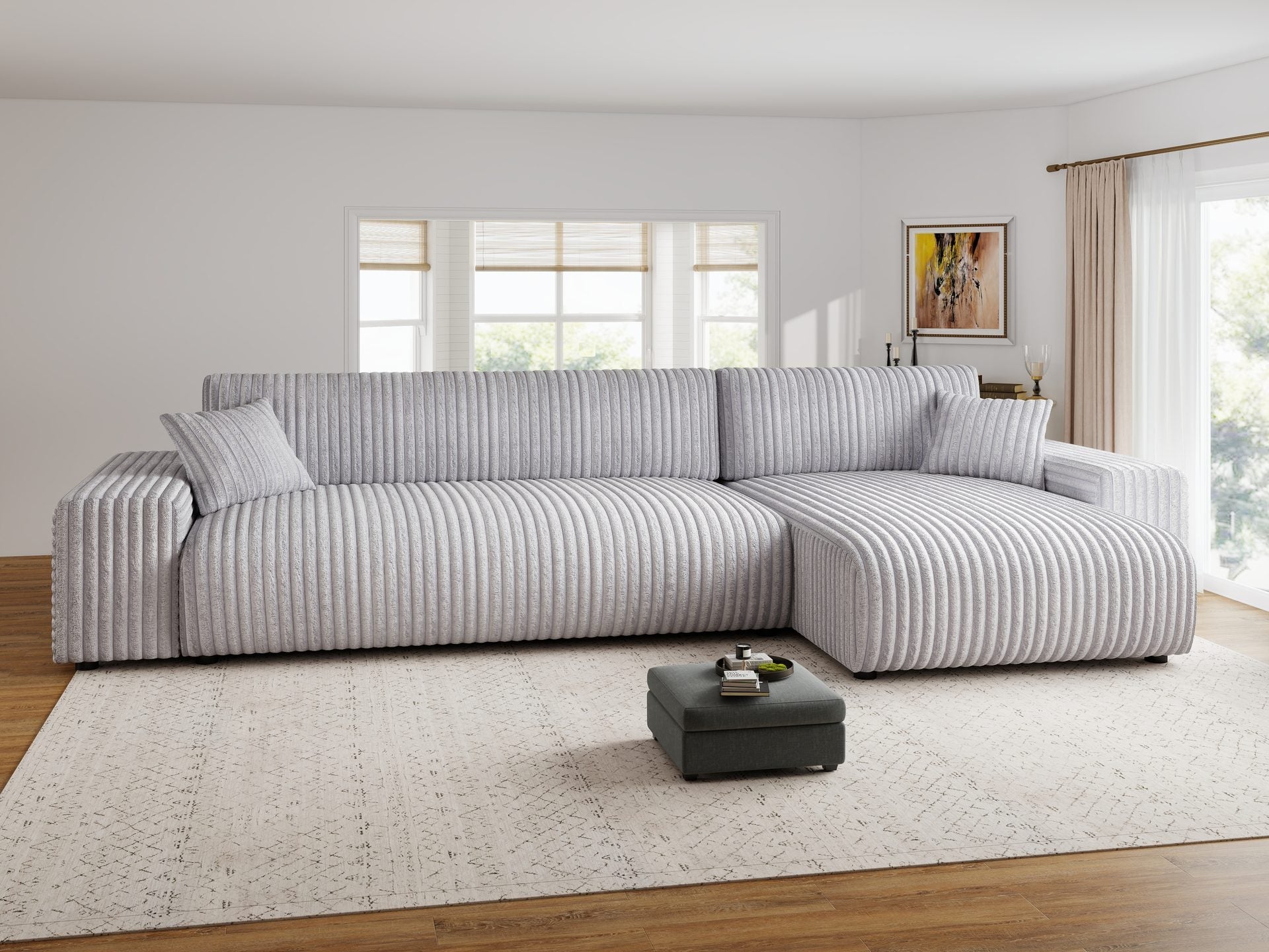 Dumonde kihúzható sarokkanapé tárolórekesszel és kényelmes, nagy sűrűségű habszivacs ülőfelülettel, Justin Tilia gri 294x144 cm