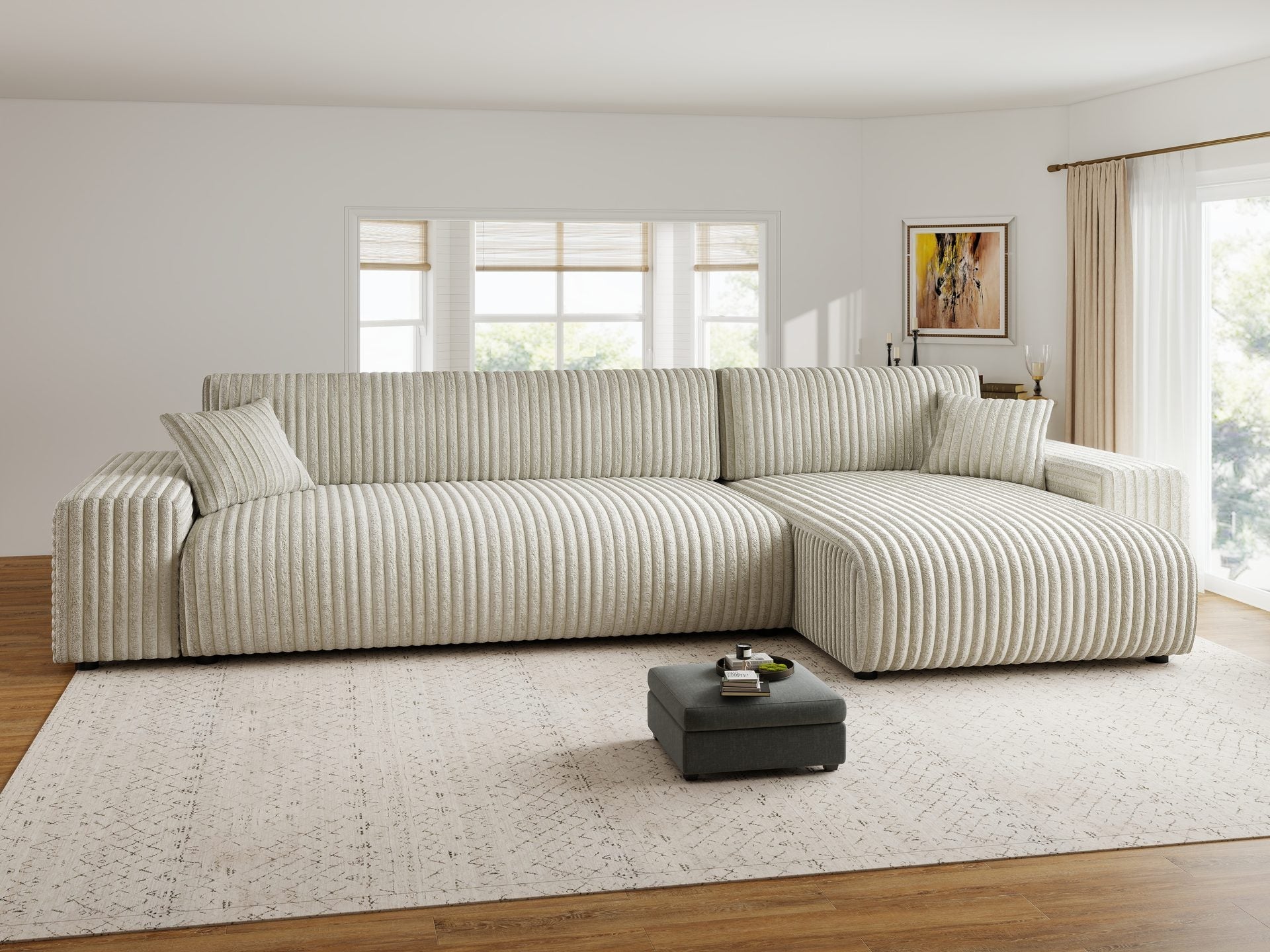 Dumonde kihúzható sarokkanapé tárolórekesszel és kényelmes, nagy sűrűségű habszivacs ülőfelülettel, Justin Tilia bej 294x144 cm