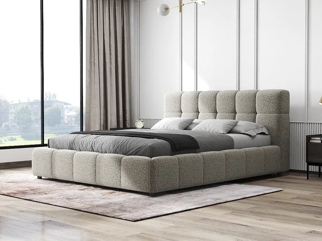 Pat dormitor dumonde, tapitat gri, Lorenzo 140x200 cm, somiera rabatabila inclusa, spatiu depozitare WLS