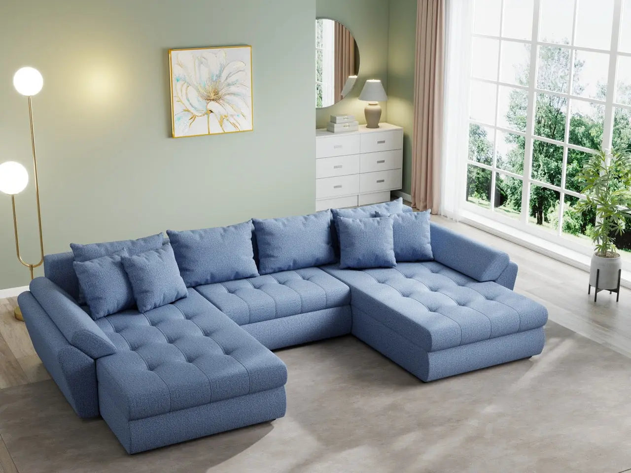 Colțar extensibil  dumonde cu ladă de depozitare si sezut confortabil din spuma HR, Loana U Enjoy Blue 355x185 cm Fabrica