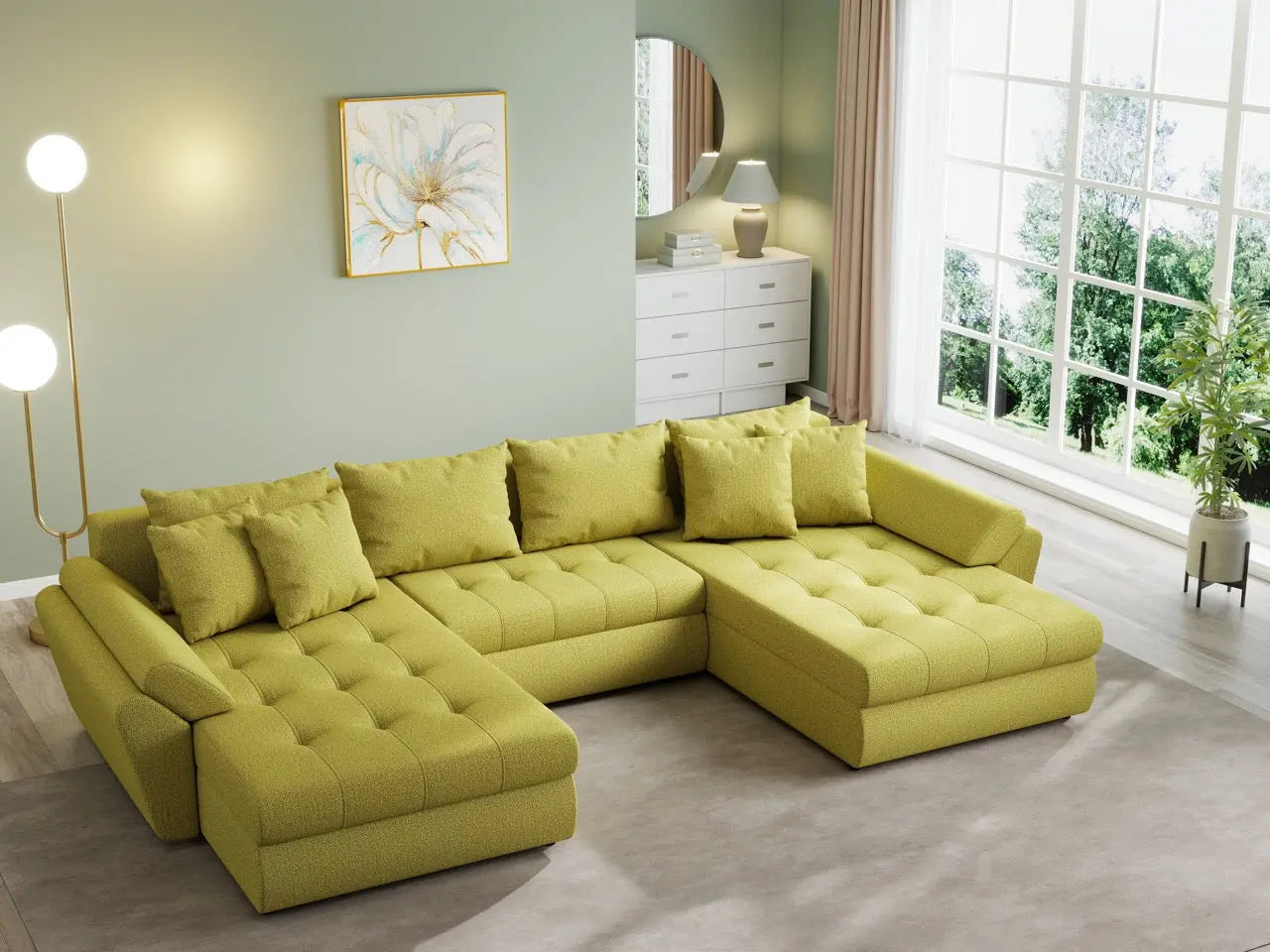 Colțar extensibil dumonde cu ladă de depozitare si sezut confortabil din spuma HR, Loana U Enjoy Green 355x185 cm Fabrica