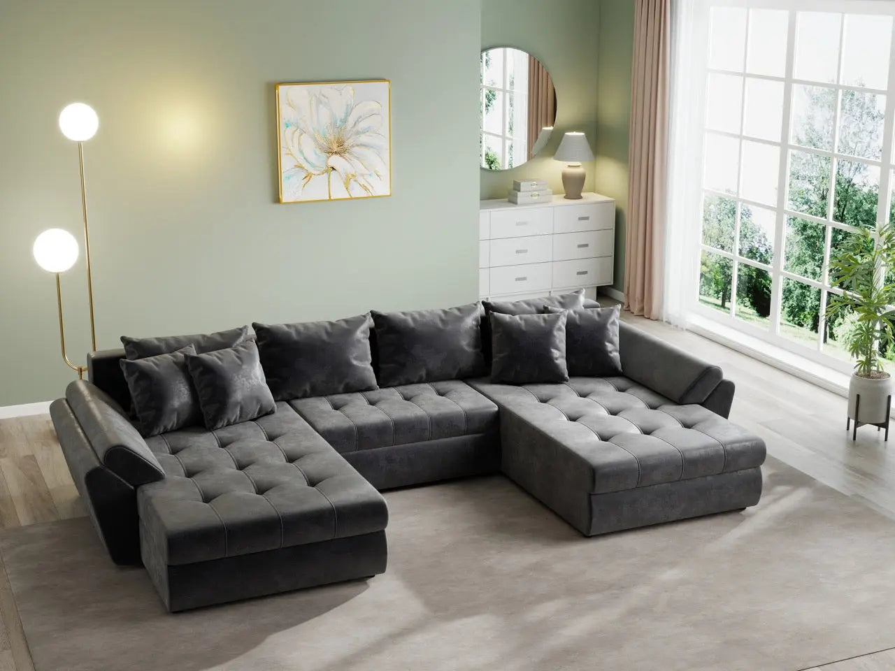 Colțar extensibil dumonde cu ladă de depozitare si sezut confortabil din spuma HR, Loana U Dark Brown 355x185 cm Fabrica