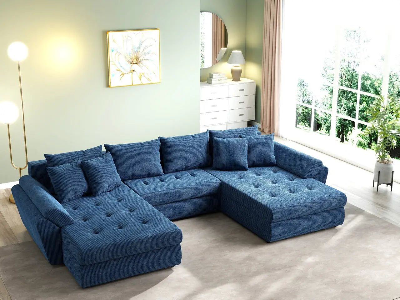 Colțar extensibil dumonde cu ladă de depozitare si sezut confortabil din spuma HR, Loana U Zoom Blue 355x185 cm Fabrica