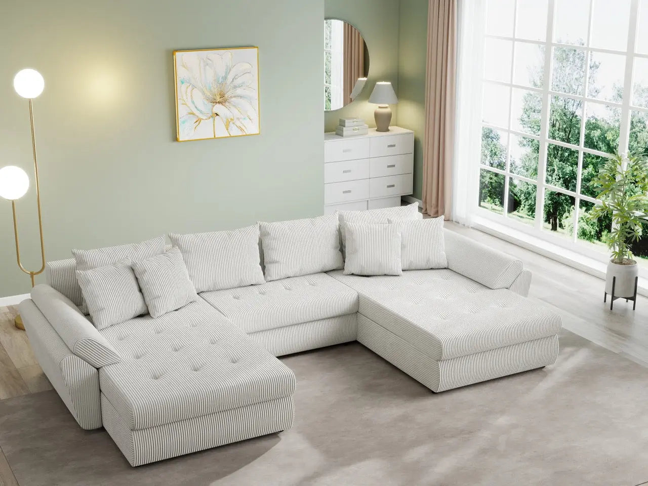 Colțar extensibil dumonde cu ladă de depozitare si sezut confortabil din spuma HR, Loana U Zoom Cream 355x185 cm Fabrica