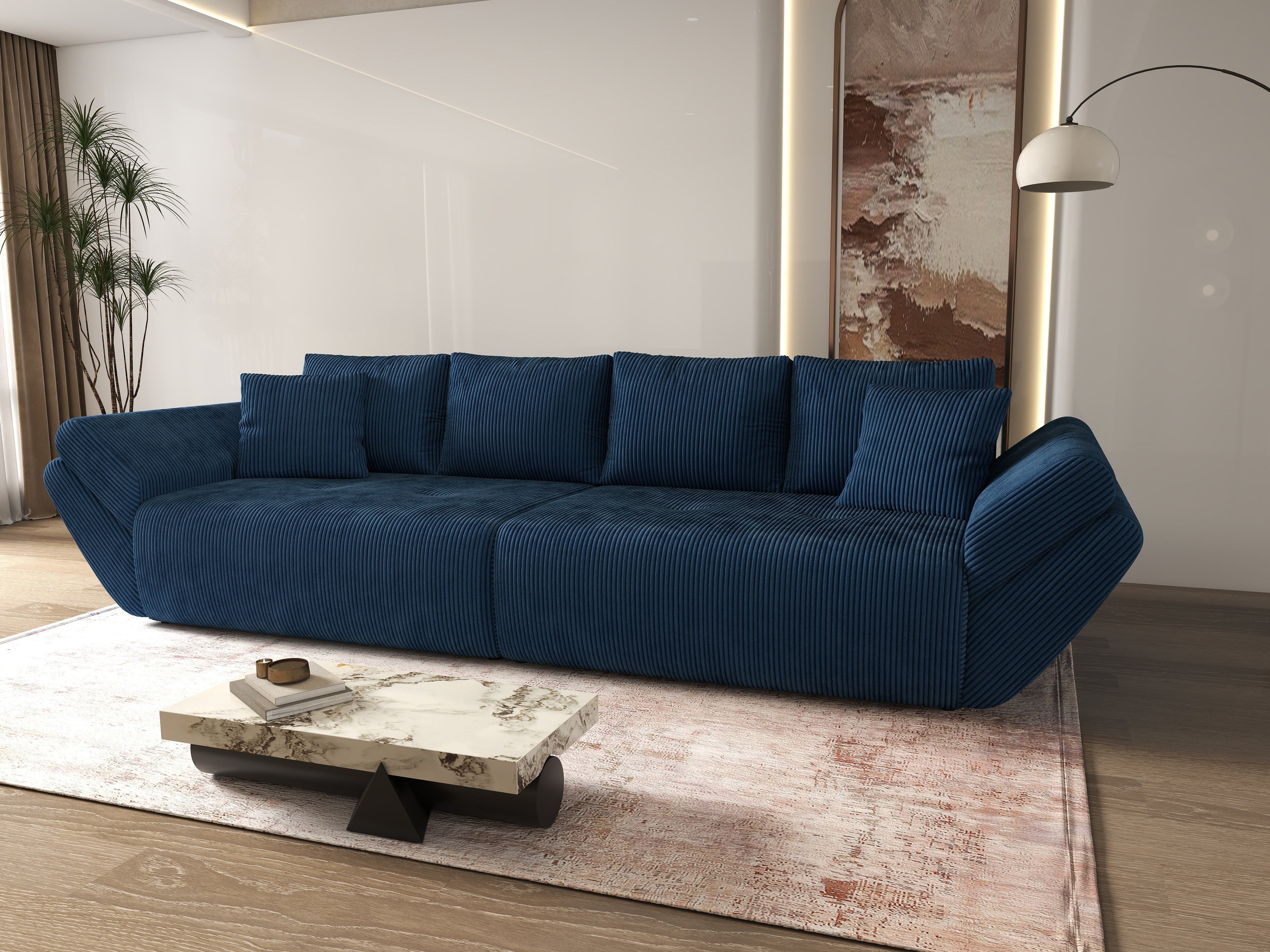 Canapea extensibilă dumonde cu ladă de depozitare si sezut confortabil din spuma HR, Berlin Zoom Blue 300x100 cm Fabrica