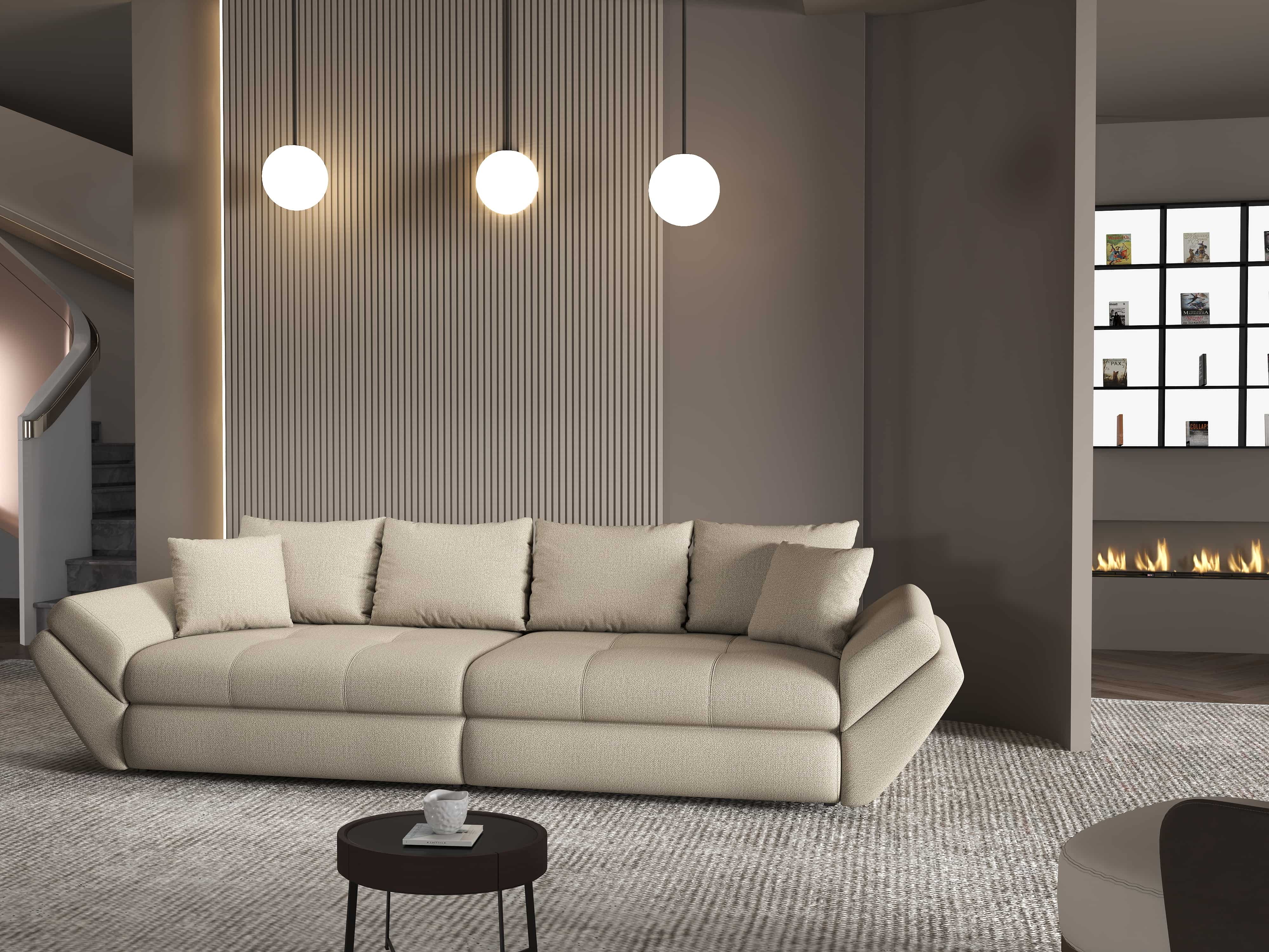Canapea extensibilă dumonde cu ladă de depozitare si sezut confortabil din spuma HR, Loana Enjoy Camel 300x100 cm Fabrica