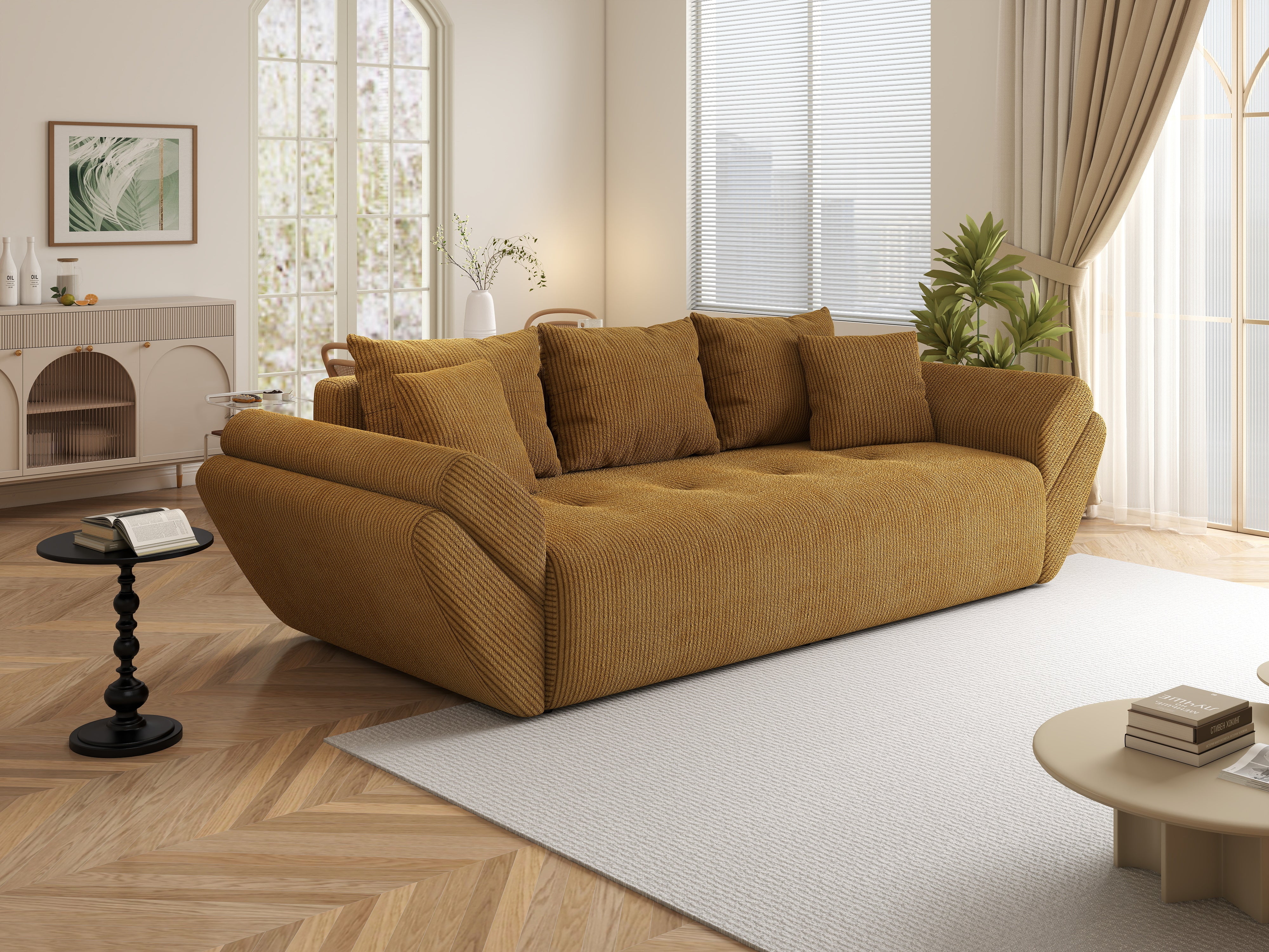 Canapea extensibilă dumonde cu ladă de depozitare si sezut confortabil din spuma HR, Berlin Zoom Mustar 250x100 cm Fabrica