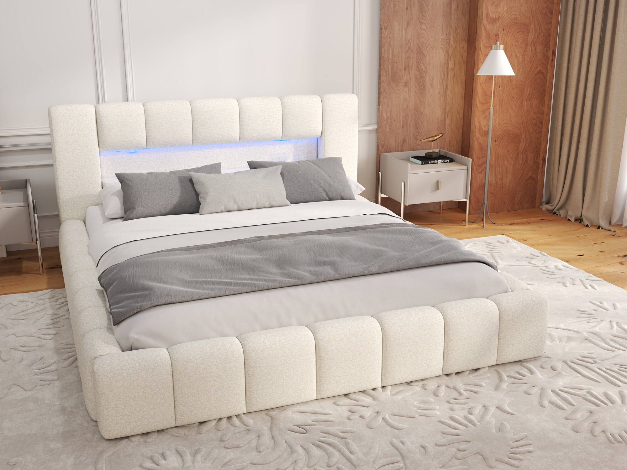 Dumonde kárpitozott ágy, bézs, Palermo 180x200 cm, felnyitható ágyráccsal, tárolórekesszel