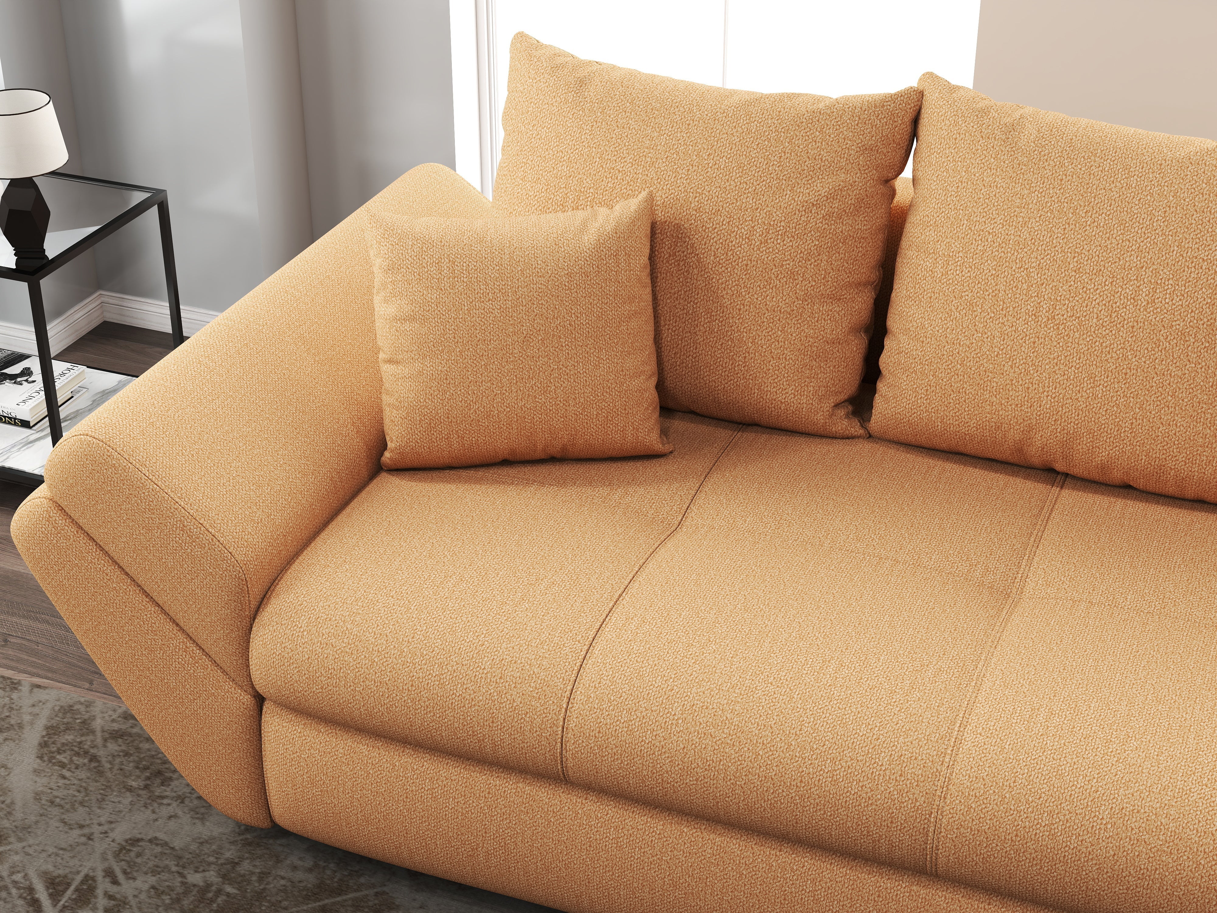 Canapea extensibilă dumonde cu ladă de depozitare si sezut confortabil din spuma HR, Loana Enjoy Mango 250x100 cm Fabrica