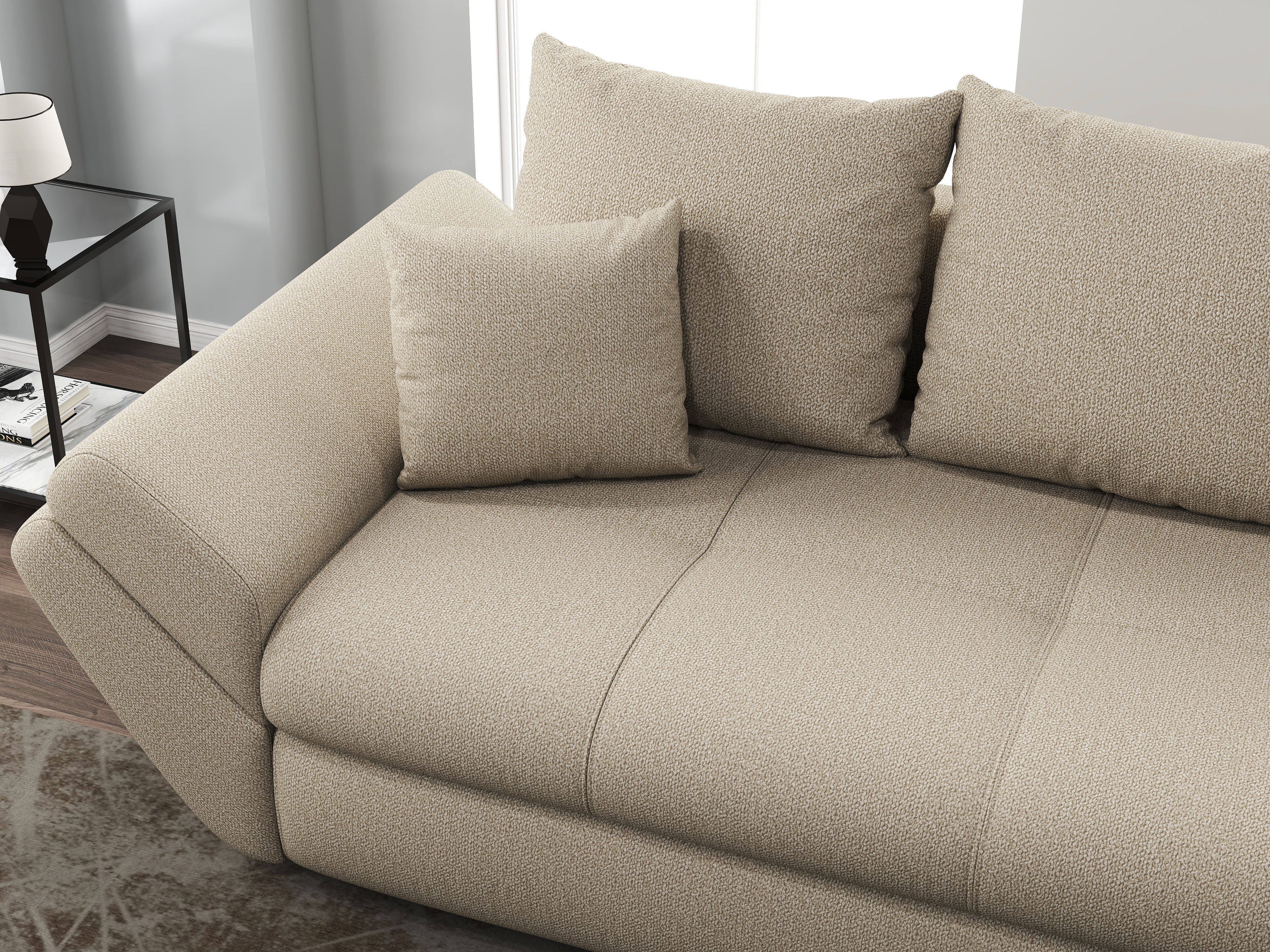 Canapea extensibilă dumonde cu ladă de depozitare si sezut confortabil din spuma HR, Loana Enjoy Camel 250x100 cm Fabrica