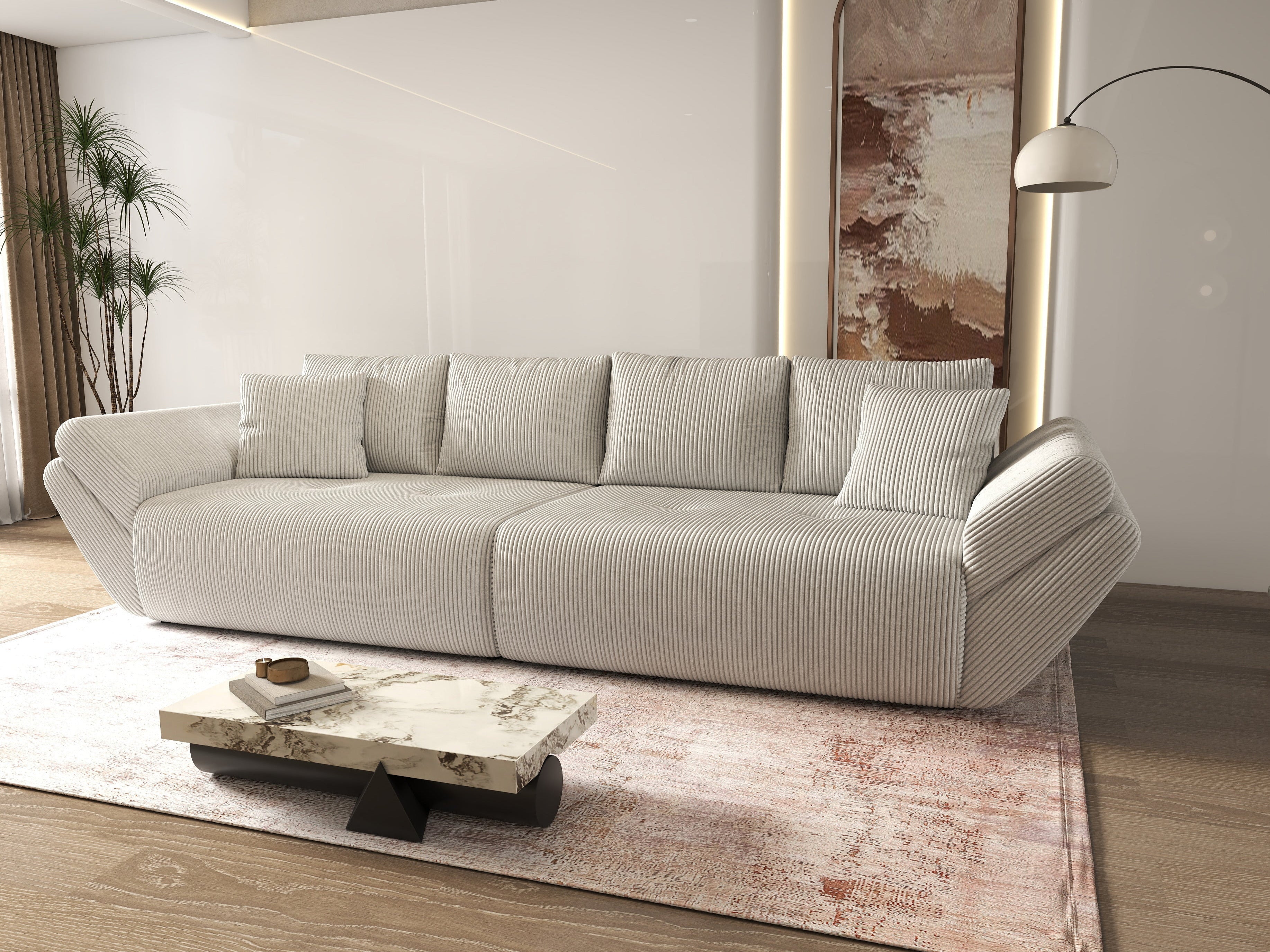Canapea extensibilă dumonde cu ladă de depozitare si sezut confortabil din spuma HR, Berlin Zoom Cream 300x100 cm Fabrica