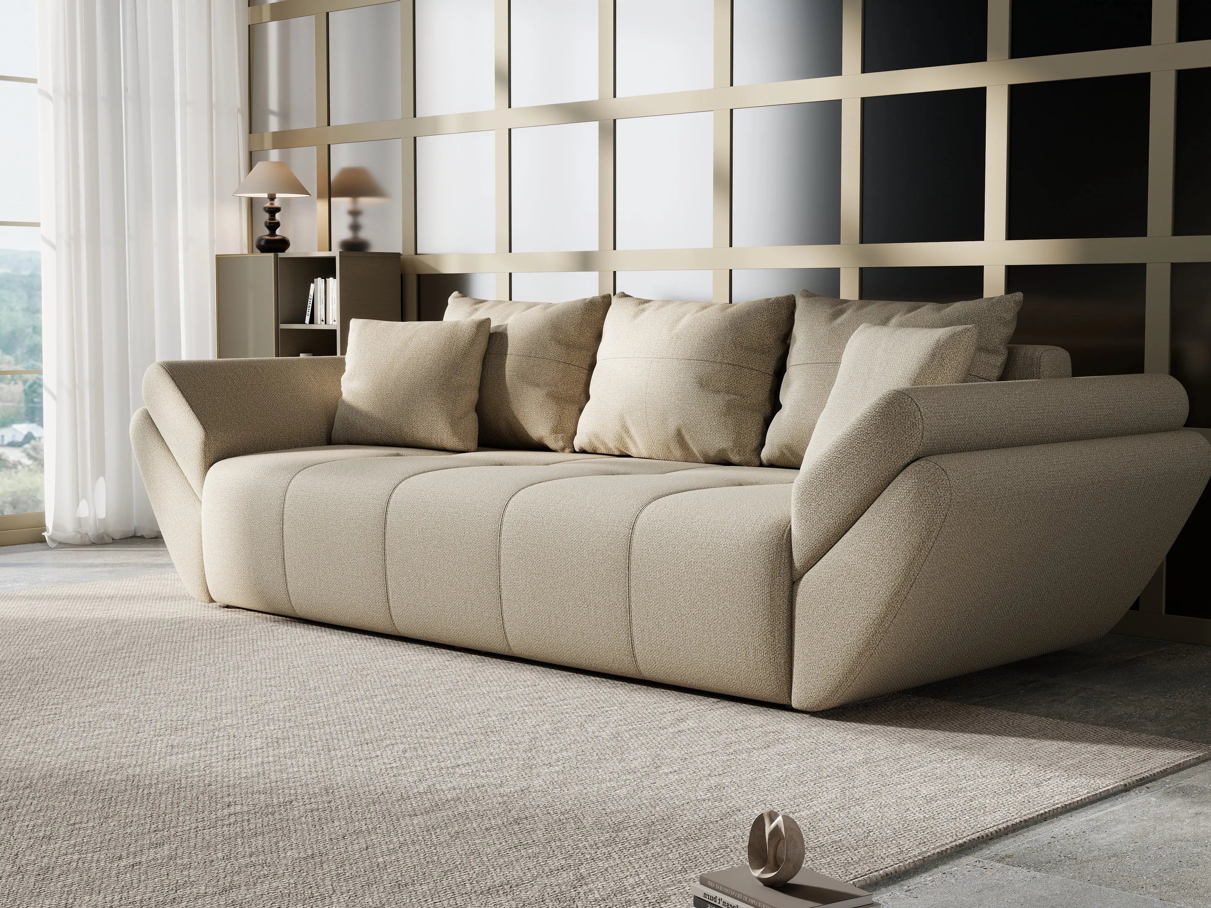 Canapea extensibilă dumonde cu ladă de depozitare si sezut confortabil din spuma HR, Berlin Enjoy Camel 250x100 cm Fabrica