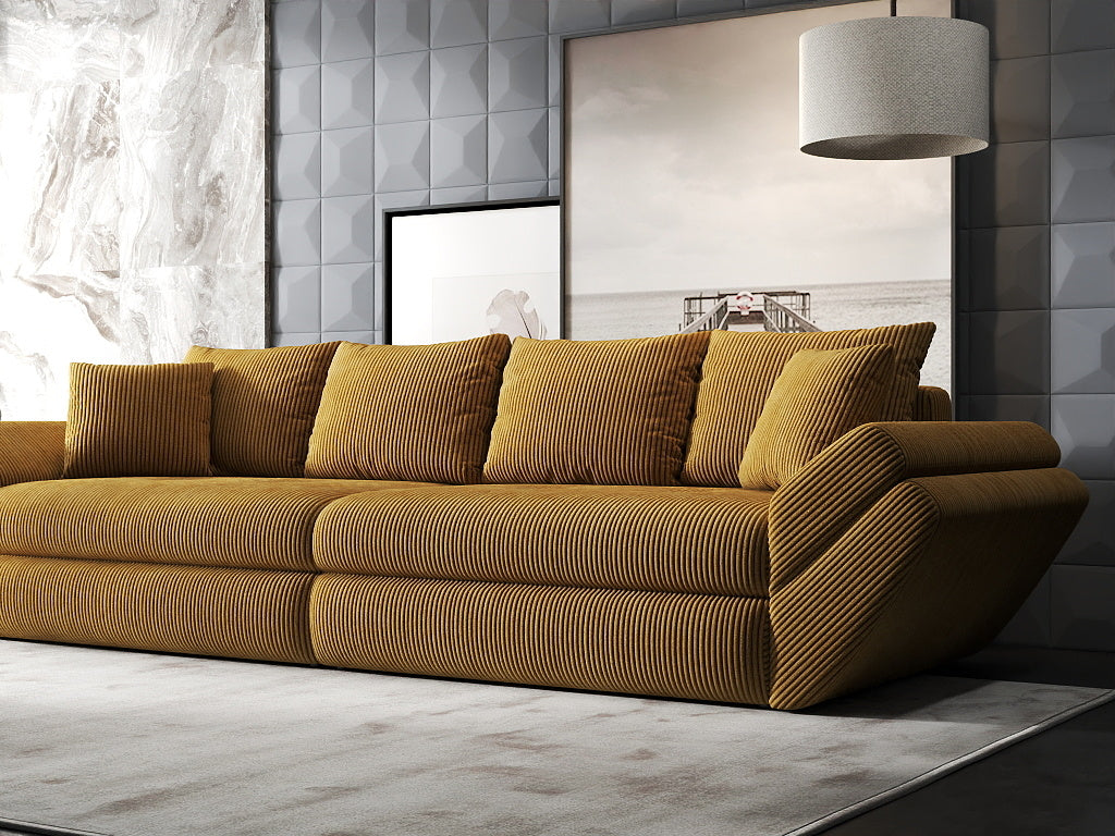 Canapea extensibilă dumonde cu ladă de depozitare si sezut confortabil din spuma HR, Loana Zoom Mustar 300x100 cm Fabrica
