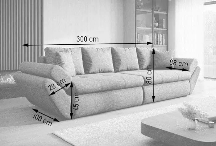 Canapea extensibilă cu ladă de depozitare si sezut confortabil din spuma HR, Loana Muștar Fresh 300x100 cm