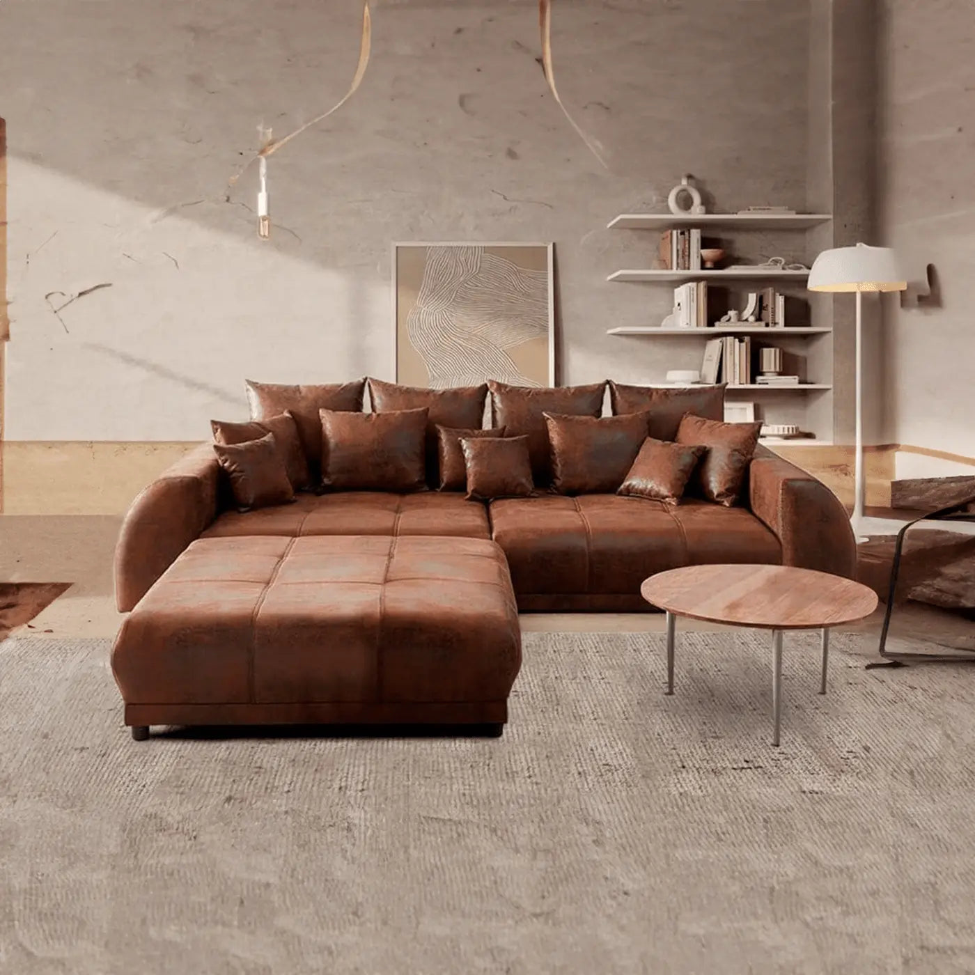 Canapea extensibilă dumonde cu 2 lăzi de depozitare si sezut confortabil din spuma high-density, Verona Madagaskar Brown 310x120 cm cu taburet inclus