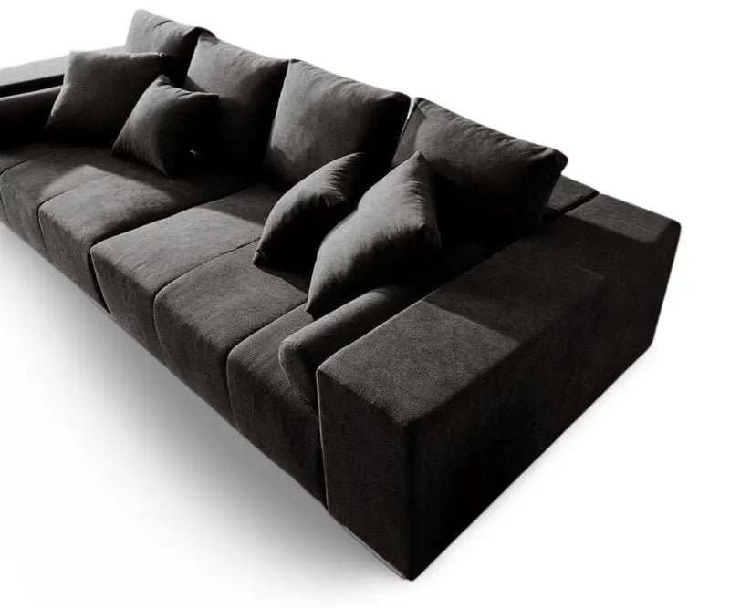 Canapea extensibilă dumonde cu ladă de depozitare si sezut confortabil din spuma high-density, Marbela Enjoy Black XXL 295x120 cm cu taburet inclus