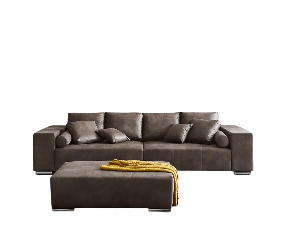 Canapea extensibilă dumonde cu ladă de depozitare si sezut confortabil din spuma high-density, Marbela Tobago Brown XXL 295x120 cm cu taburet inclus