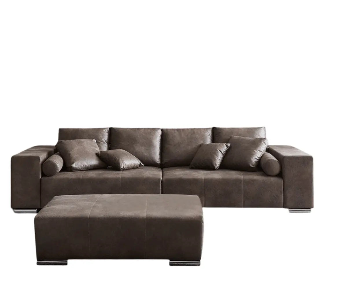 Canapea extensibilă dumonde cu ladă de depozitare si sezut confortabil din spuma high-density, Marbela Tobago Brown XXL 295x120 cm cu taburet inclus