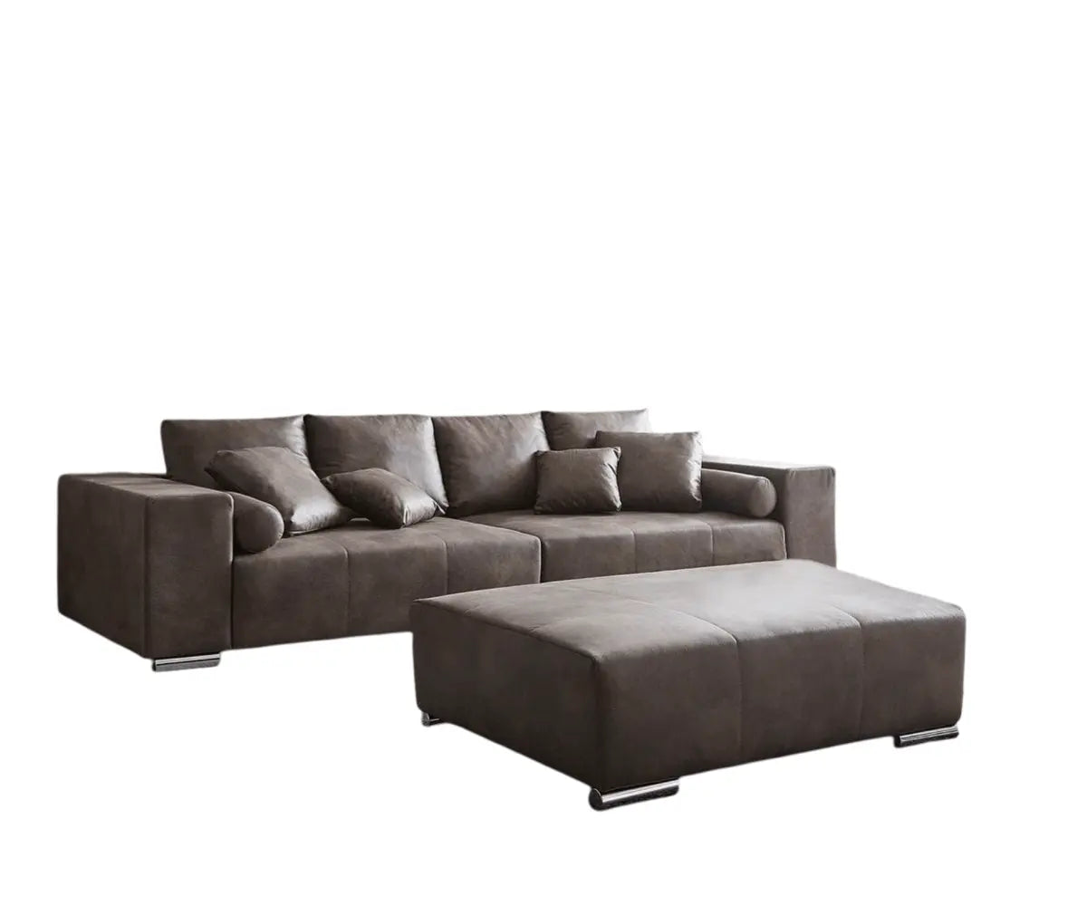 Canapea extensibilă dumonde cu ladă de depozitare si sezut confortabil din spuma high-density, Marbela Tobago Brown XXL 295x120 cm cu taburet inclus