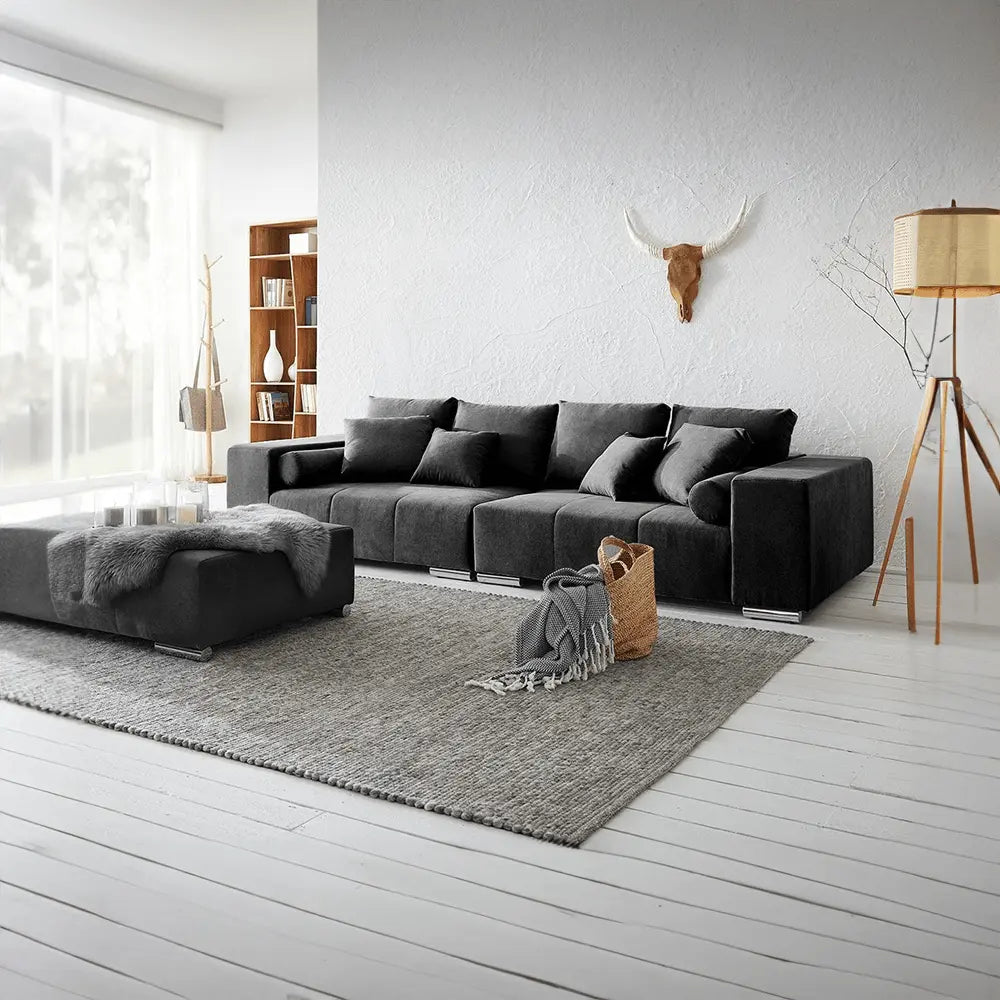 Canapea extensibilă dumonde cu ladă de depozitare si sezut confortabil din spuma high-density, Marbela Enjoy Black XXL 295x120 cm cu taburet inclus