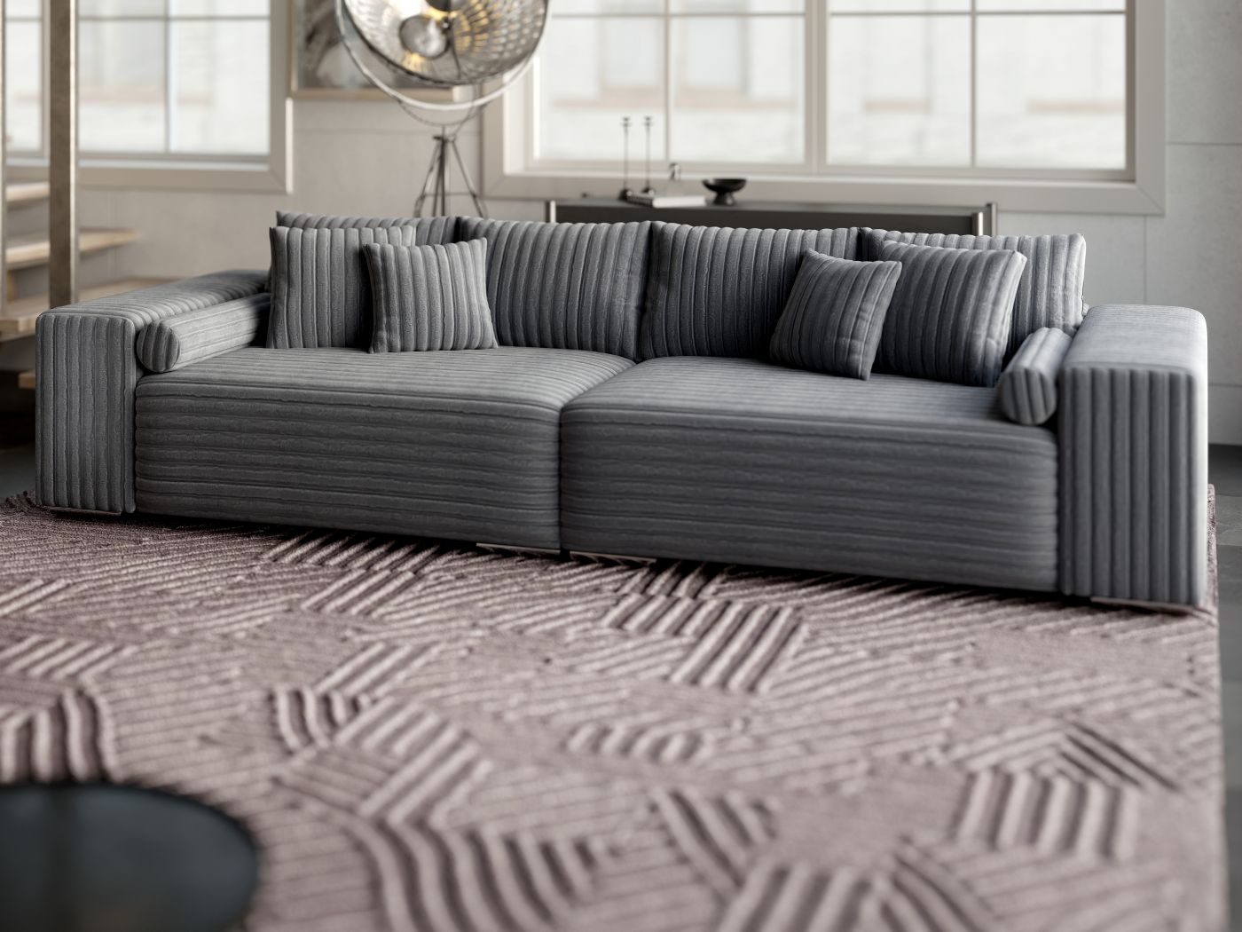 Canapea extensibilă dumonde cu ladă de depozitare si sezut confortabil din spuma HR, Marbela Ambience Grey XXL 295x100 cm fabrica