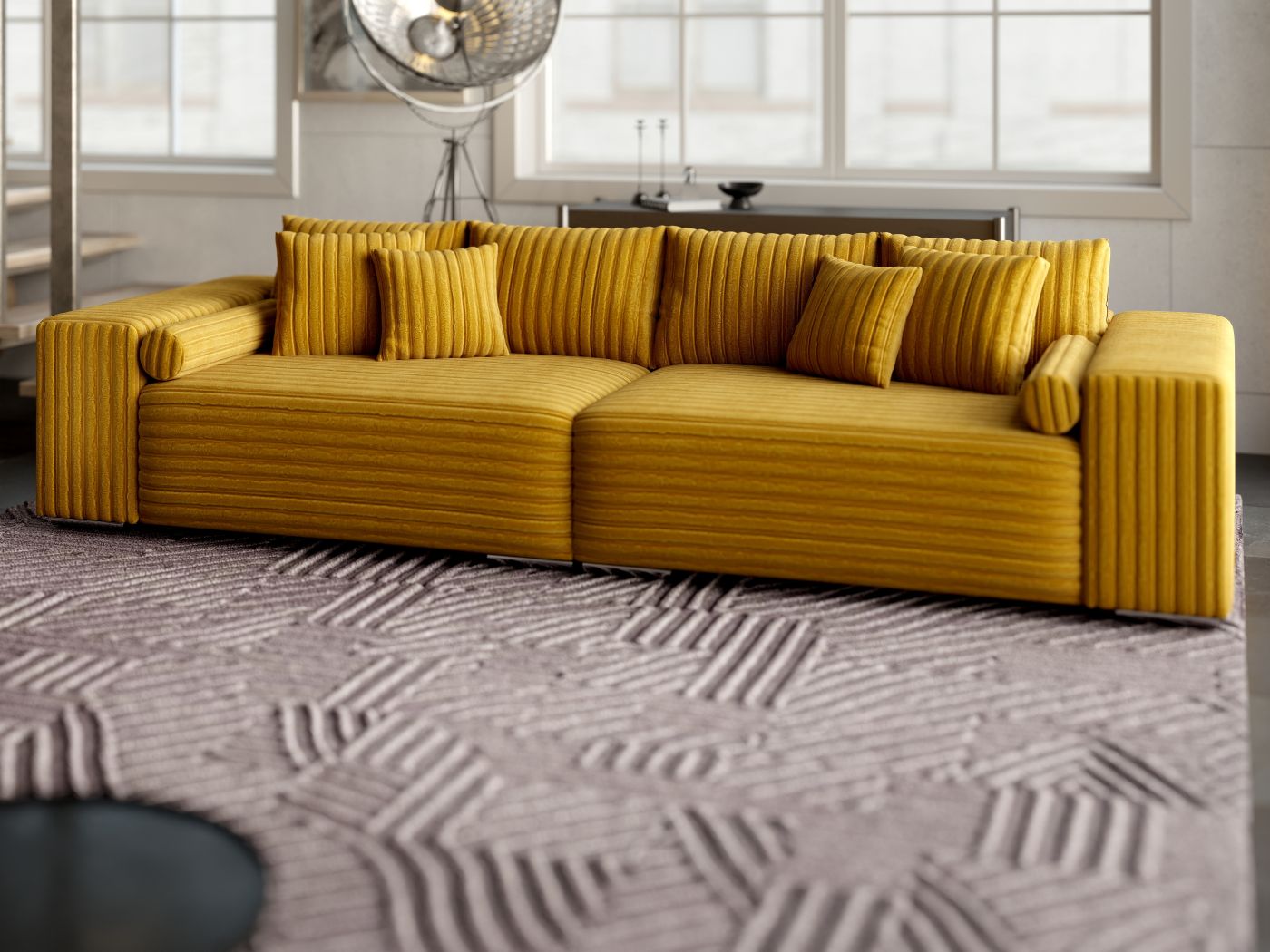 Canapea extensibilă dumonde cu ladă de depozitare si sezut confortabil din spuma HR, Marbela Ambience Mustar XXL 295x100 cm fabrica