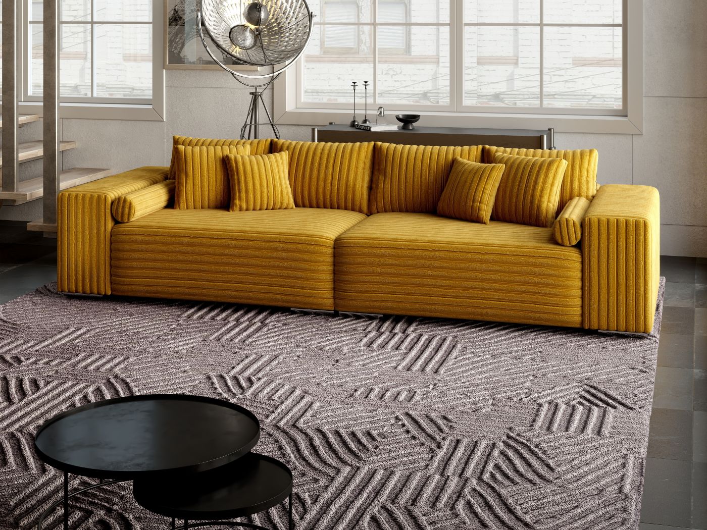 Canapea extensibilă dumonde cu ladă de depozitare si sezut confortabil din spuma HR, Marbela Ambience Mustar XXL 295x100 cm fabrica