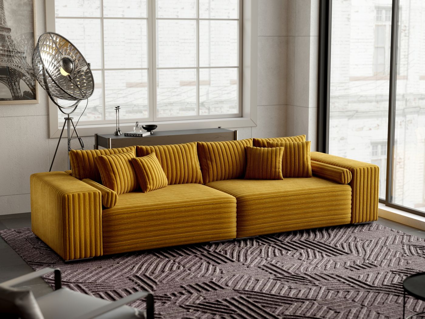 Canapea extensibilă dumonde cu ladă de depozitare si sezut confortabil din spuma HR, Marbela Ambience Mustar XXL 295x100 cm fabrica