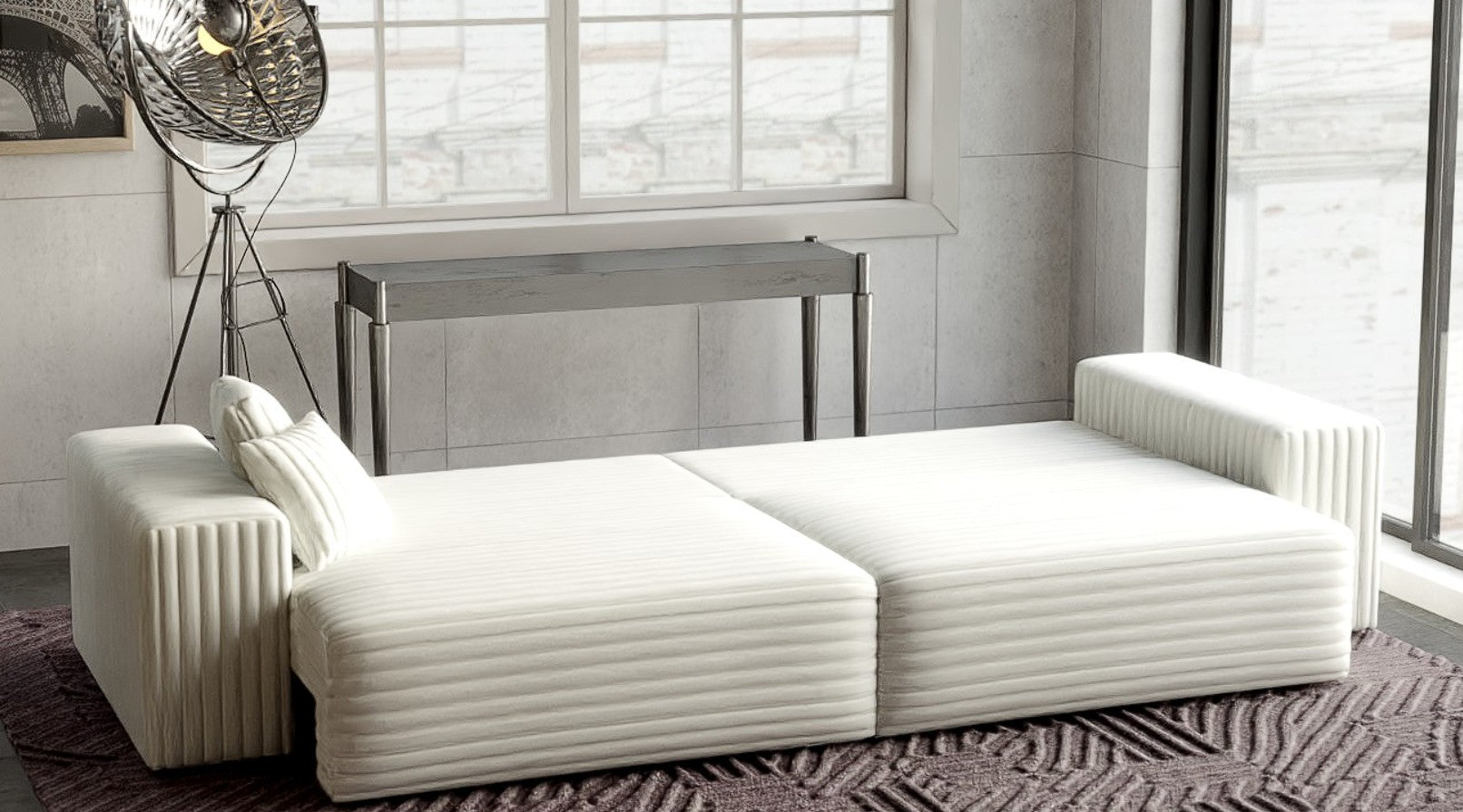 Canapea extensibilă dumonde cu ladă de depozitare si sezut confortabil din spuma HR, Marbela Ambience Ivory XXL 295x100 cm fabrica