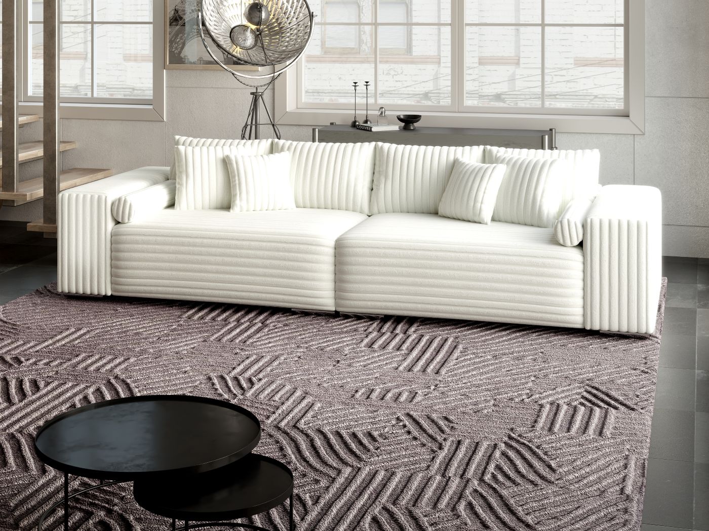 Canapea extensibilă dumonde cu ladă de depozitare si sezut confortabil din spuma HR, Marbela Ambience Ivory XXL 295x100 cm fabrica