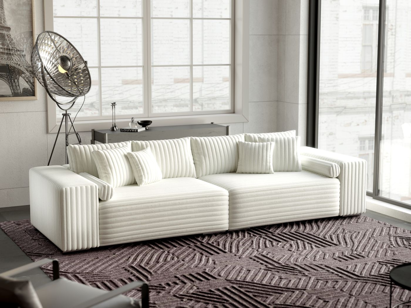 Canapea extensibilă dumonde cu ladă de depozitare si sezut confortabil din spuma HR, Marbela Ambience Ivory XXL 295x100 cm fabrica