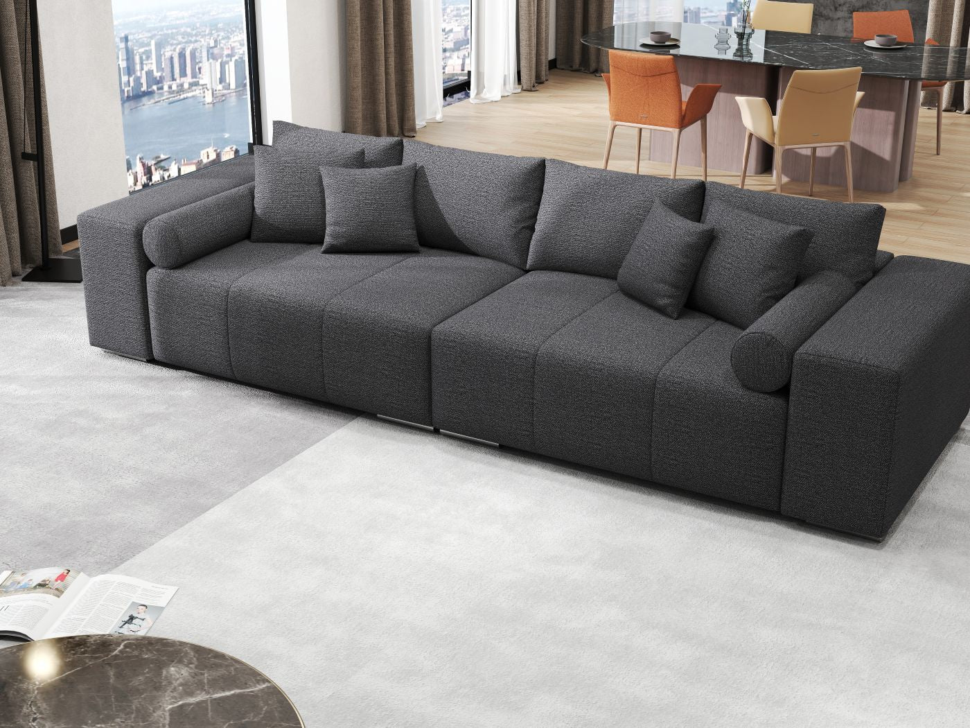 Canapea extensibilă dumonde cu ladă de depozitare si sezut confortabil din spuma HR, Marbela Enjoy Grafit XXL 295x100 cm fabrica