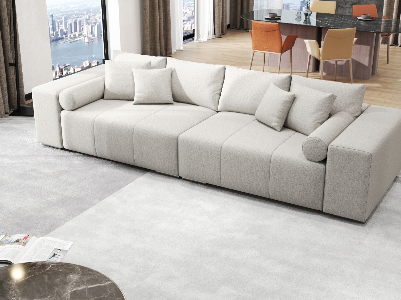 Canapea extensibilă dumonde cu ladă de depozitare si sezut confortabil din spuma HR, Marbela Enjoy Beige XXL 295x100 cm fabrica