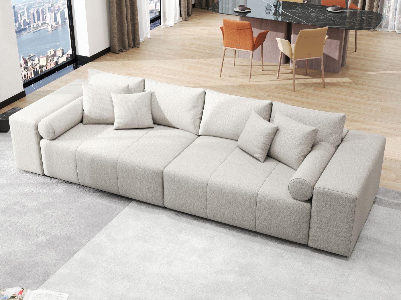 Canapea extensibilă dumonde cu ladă de depozitare si sezut confortabil din spuma HR, Marbela Enjoy Beige XXL 295x100 cm fabrica