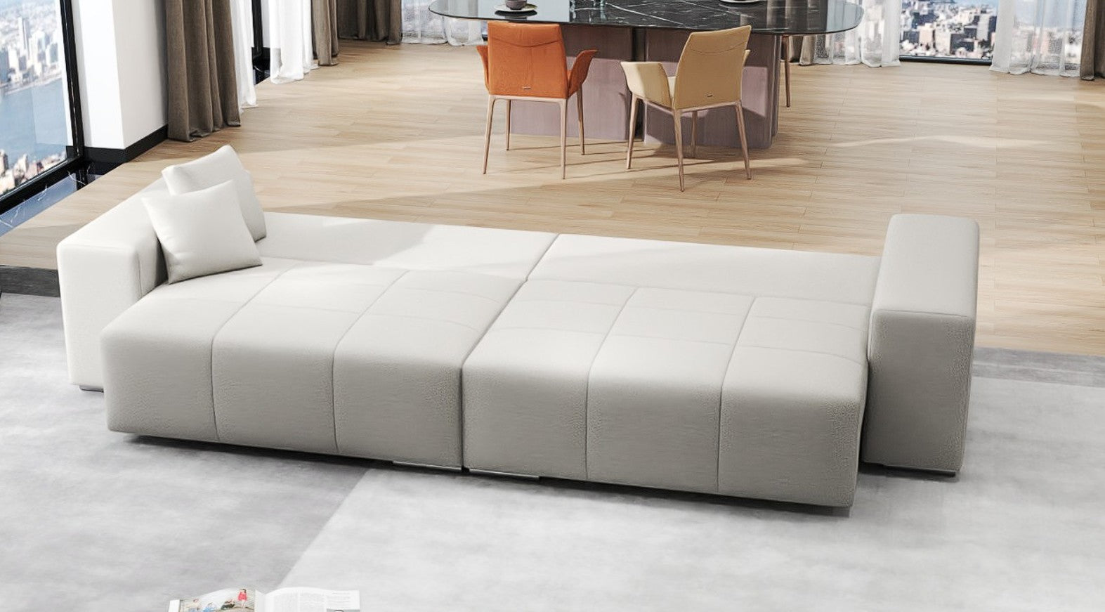 Canapea extensibilă dumonde cu ladă de depozitare si sezut confortabil din spuma HR, Marbela Enjoy Beige XXL 295x100 cm fabrica