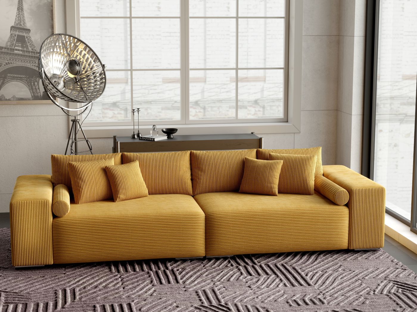 Canapea extensibilă dumonde cu ladă de depozitare si sezut confortabil din spuma HR, Marbela Zoom Mustar XXL 295x100 cm fabrica