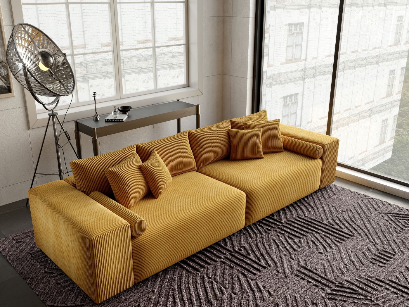 Canapea extensibilă dumonde cu ladă de depozitare si sezut confortabil din spuma HR, Marbela Zoom Mustar XXL 295x100 cm fabrica