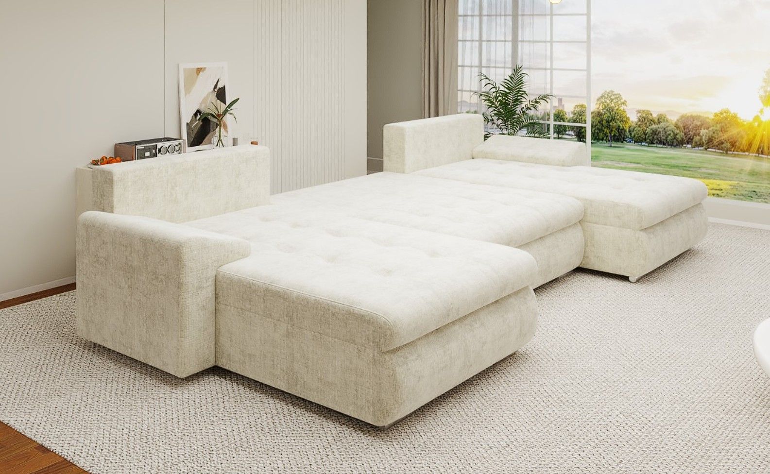 Colțar extensibil dumonde cu ladă de depozitare si sezut confortabil din spuma high-density, Leonardo U Cremona Maro-Bej 24 360x185 cm