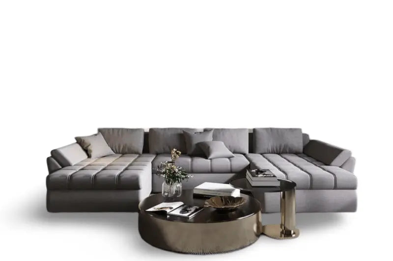 Dumonde kihúzható sarokgarnitúra tárolórekesszel és kényelmes, nagy sűrűségű szivacs ülőfelülettel, Loana U Enjoy Grey 355x185 cm