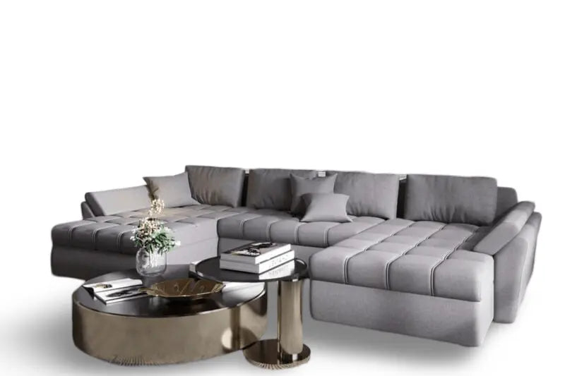 Dumonde kihúzható sarokgarnitúra tárolórekesszel és kényelmes, nagy sűrűségű szivacs ülőfelülettel, Loana U Enjoy Grey 355x185 cm