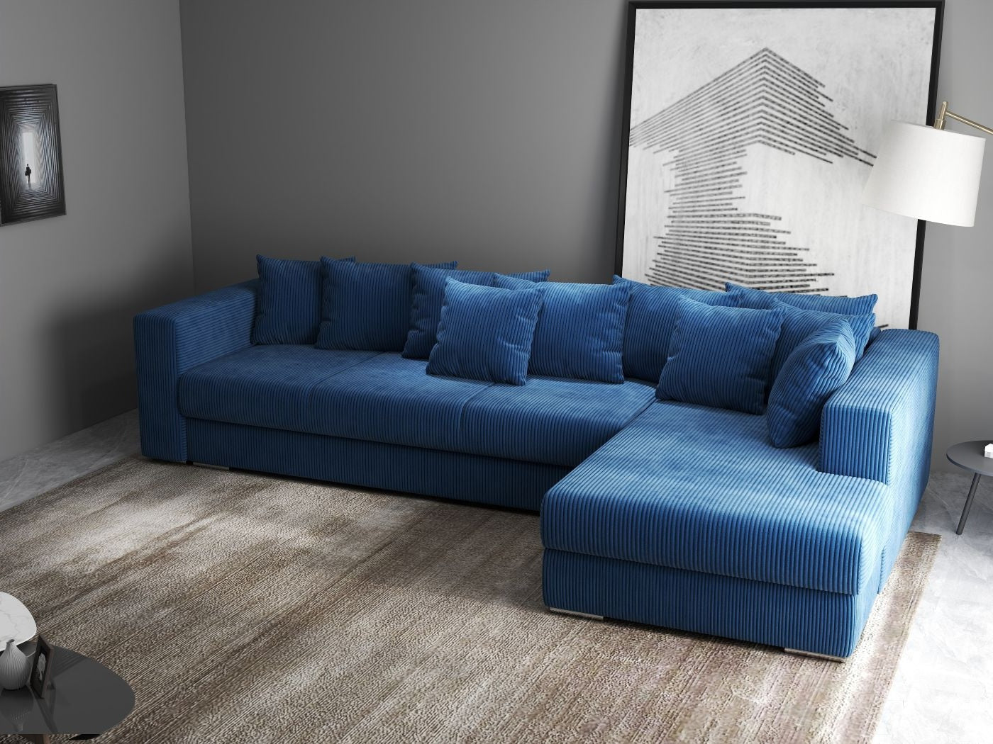 Colțar extensibil dumonde cu ladă de depozitare si sezut confortabil din spuma HR, Gloria Zoom Blue 320x183 cm Fabrica