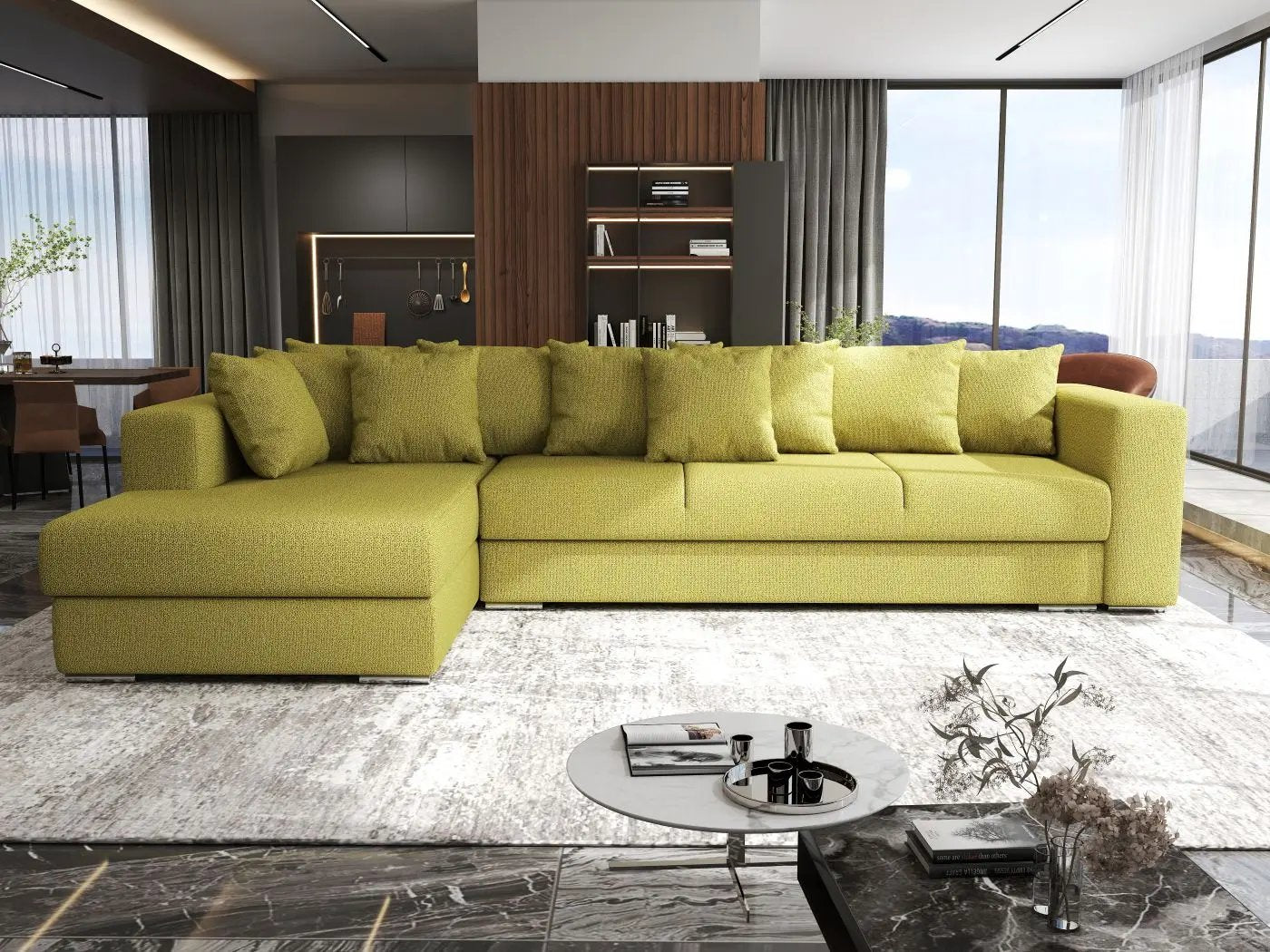 Colțar extensibil dumonde cu ladă de depozitare si sezut confortabil din spuma HR, Gloria Enjoy Green 320x183 cm Fabrica