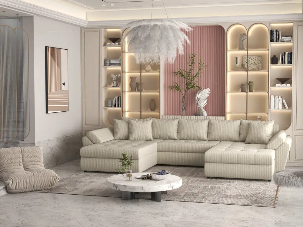 Colțar extensibil dumonde cu ladă de depozitare si sezut confortabil din spuma high-density, Loana Ambience bej U 375x185 cm