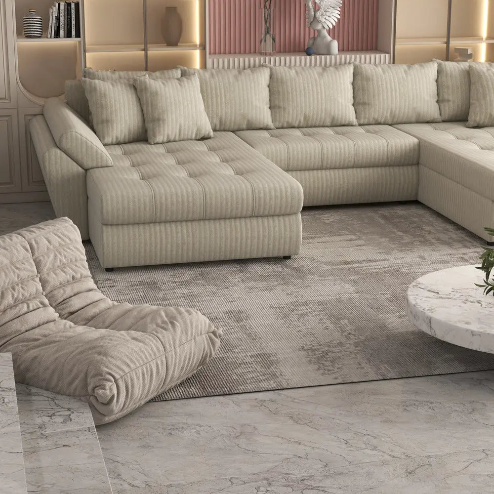 Colțar extensibil dumonde cu ladă de depozitare si sezut confortabil din spuma high-density, Loana Ambience bej U 375x185 cm