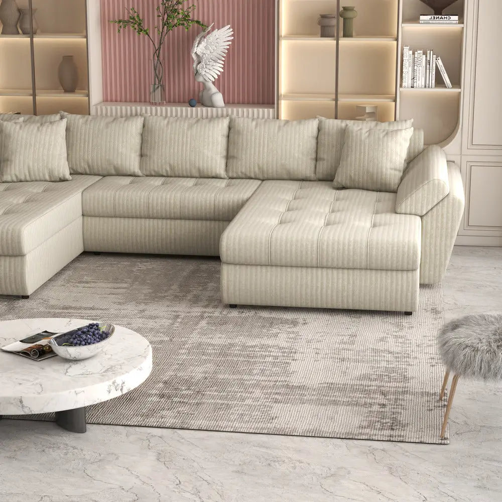 Colțar extensibil dumonde cu ladă de depozitare si sezut confortabil din spuma high-density, Loana Ambience bej U 375x185 cm