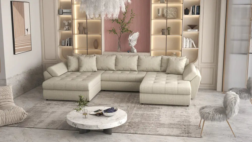 Colțar extensibil dumonde cu ladă de depozitare si sezut confortabil din spuma high-density, Loana Ambience bej U 375x185 cm