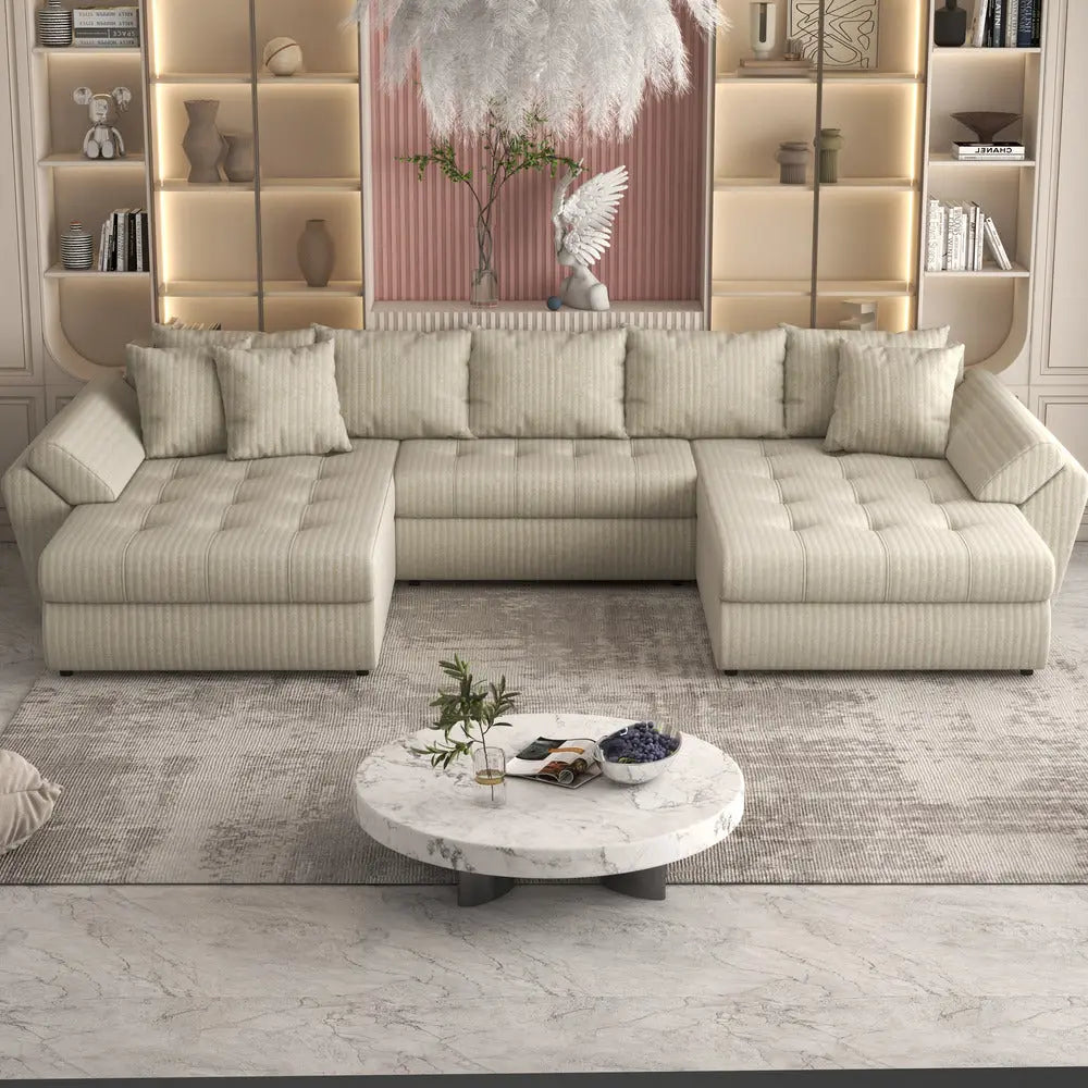 Colțar extensibil dumonde cu ladă de depozitare si sezut confortabil din spuma high-density, Loana Ambience bej U 375x185 cm