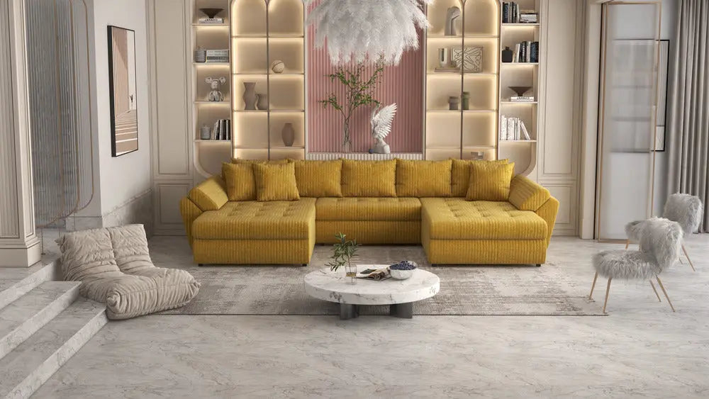 Colțar extensibil dumonde cu ladă de depozitare si sezut confortabil din spuma high-density, Loana Ambience mustar U 375x185 cm