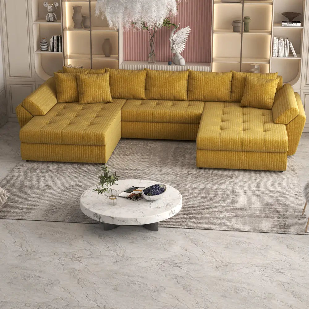 Colțar extensibil dumonde cu ladă de depozitare si sezut confortabil din spuma high-density, Loana Ambience mustar U 375x185 cm