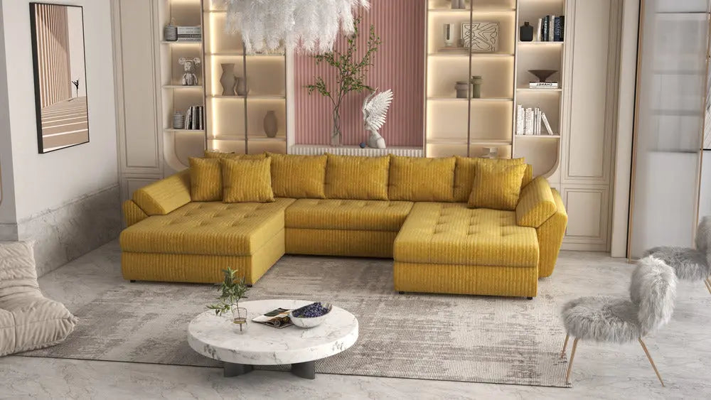 Colțar extensibil dumonde cu ladă de depozitare si sezut confortabil din spuma high-density, Loana Ambience mustar U 375x185 cm